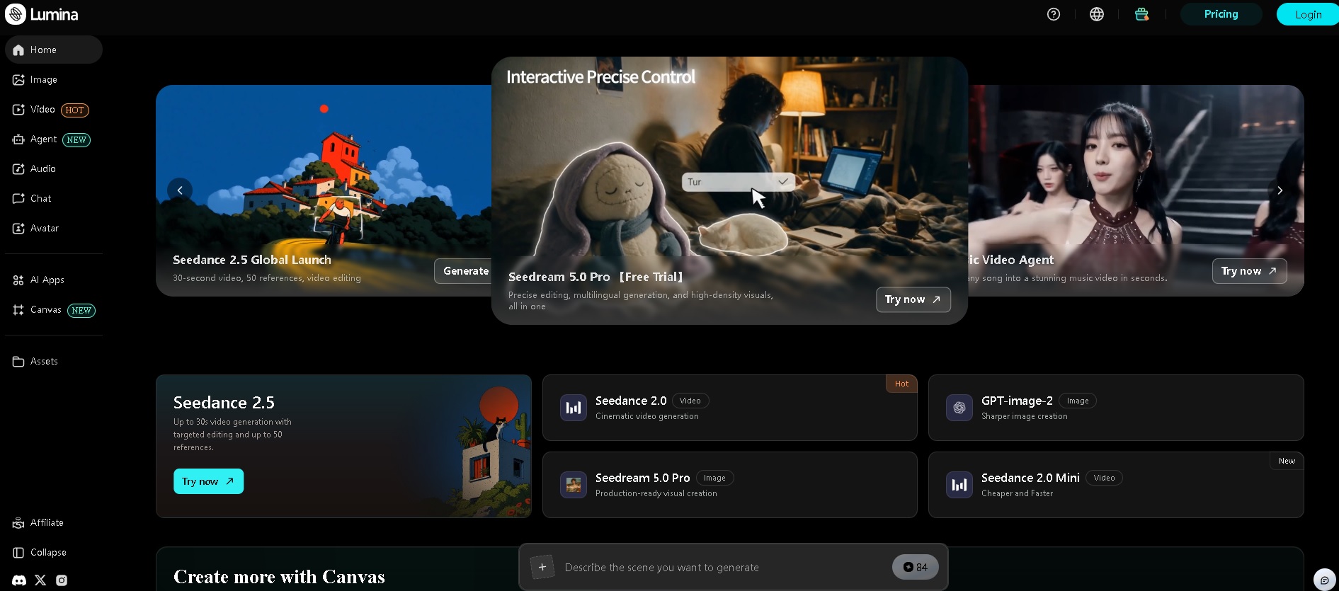 Página principal de Lumina.byteplus.com mostrando su interfaz de generación de videos e imágenes con IA, Seedance 2.5, Seedream 5.0 y herramientas cinematográficas Canvas