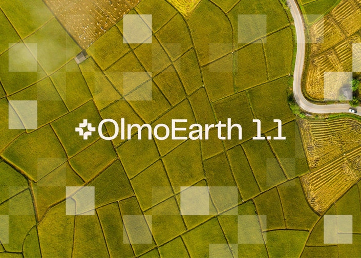 Página principal de OlmoEarth.allenai.org mostrando su plataforma de IA geoespacial para monitorización de humedales, manglares, incendios y océanos con datos de satélite