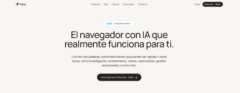 Página principal de PolarBrowser.com mostrando su interfaz de navegador de IA que automatiza tareas de investigación, ventas, recruiting y ops