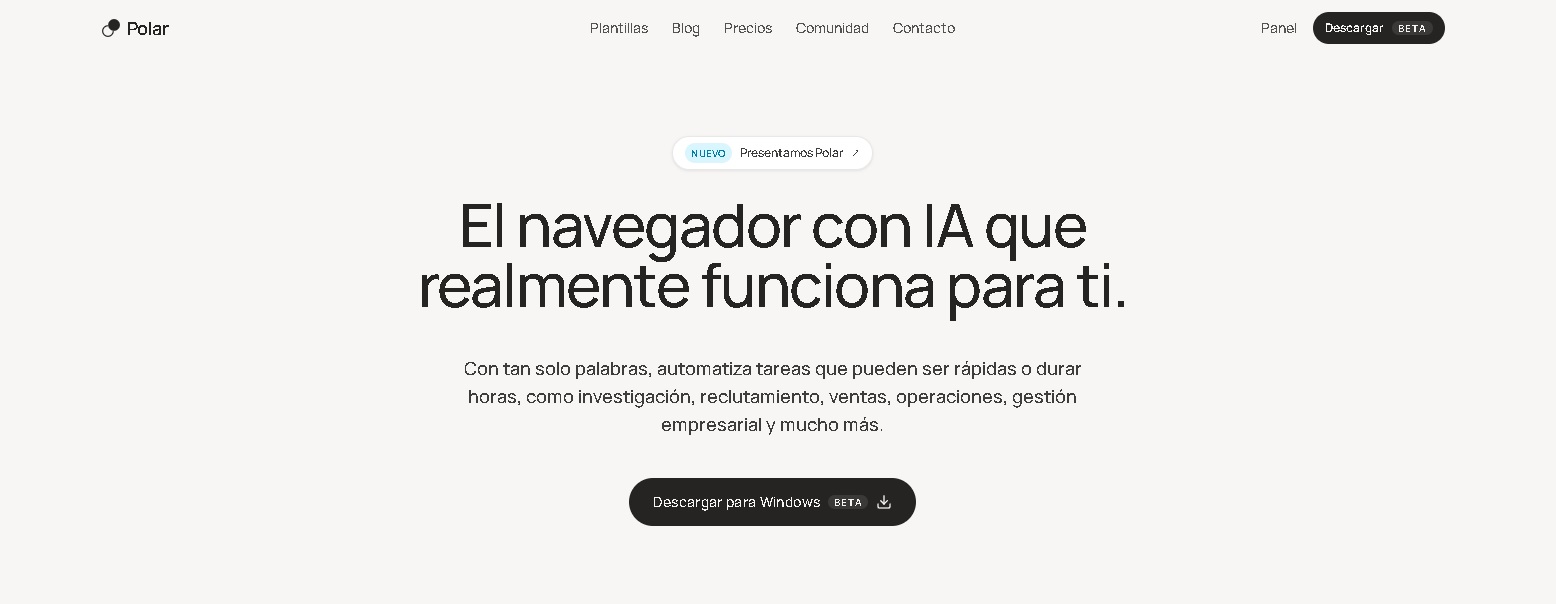 Página principal de PolarBrowser.com mostrando su interfaz de navegador de IA que automatiza tareas de investigación, ventas, recruiting y ops