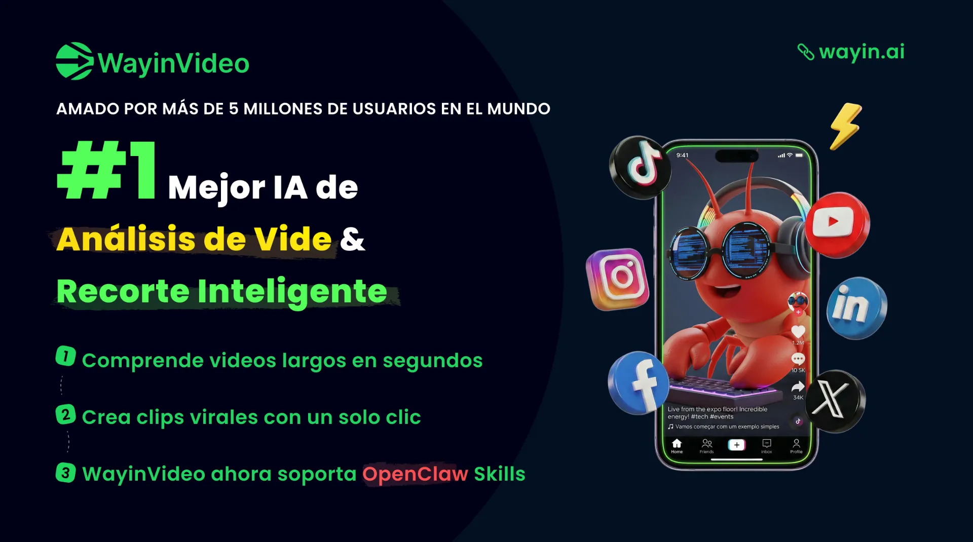 WayinVideo - Plataforma de vídeo con IA para crear clips automáticos, subtítulos y reencuadre para Shorts, Reels y TikTok