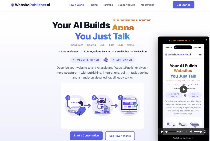 Página principal de WebsitePublisher.ai mostrando su interfaz de creación de webs con IA