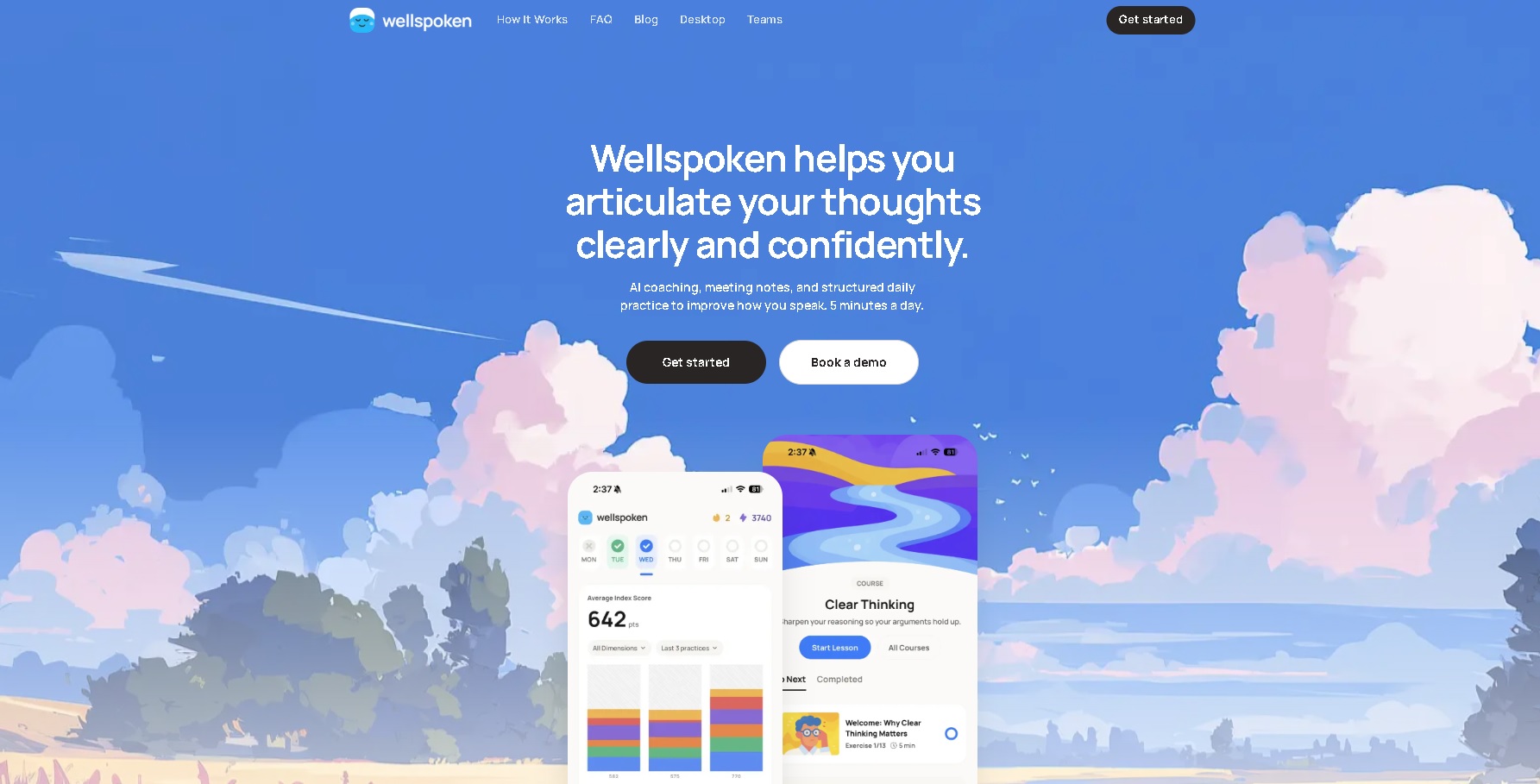 Página principal de Wellspoken.me mostrando su interfaz de entrenamiento de comunicación con IA y coach Echo