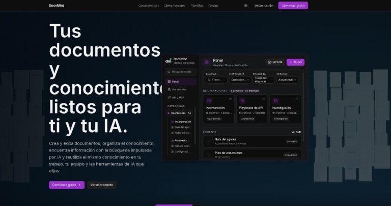 DocsMint - Workspace de documentos y conocimiento con organización, búsqueda, IA de escritura y acceso controlado por API y MCP para equipos y agentes