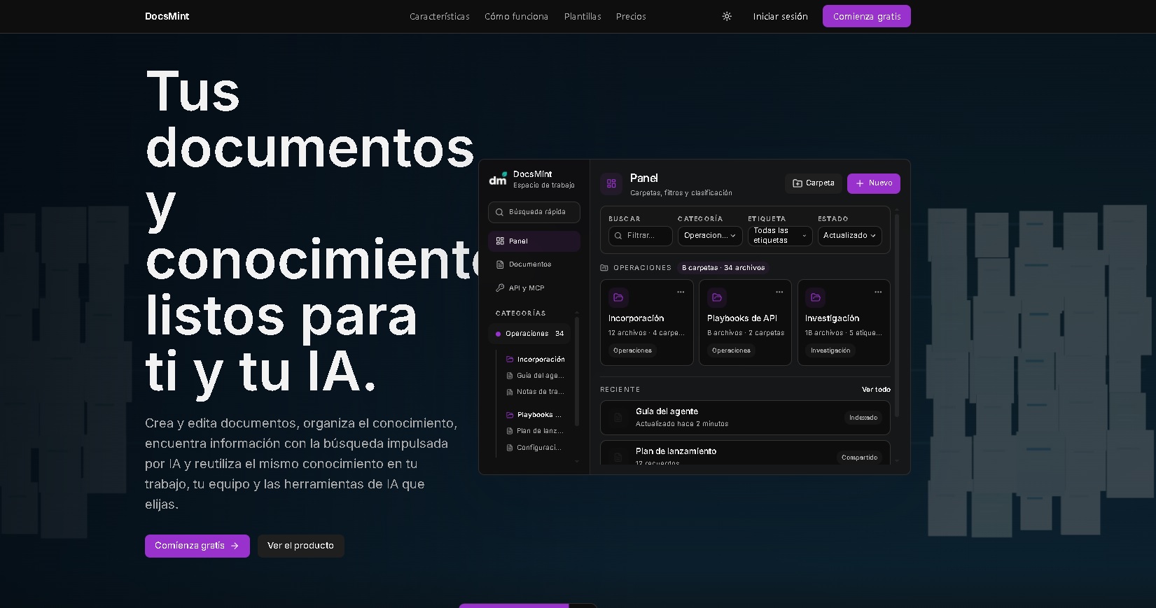 DocsMint - Workspace de documentos y conocimiento con organización, búsqueda, IA de escritura y acceso controlado por API y MCP para equipos y agentes