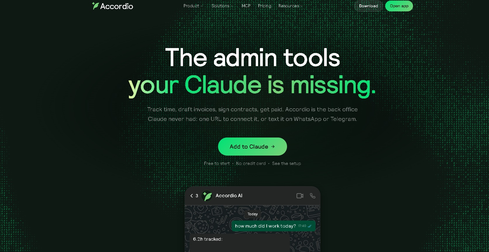 Accordio MCP - Conector que permite a Claude leer horas trabajadas y redactar borradores de facturas y contratos sin enviar ni firmar por su cuenta