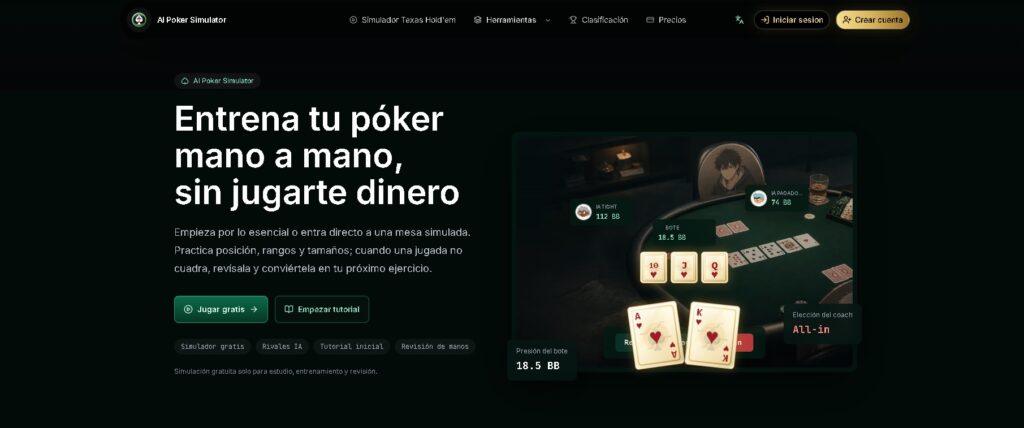 AI Poker Simulator - Plataforma para entrenar y mejorar tu estrategia de Texas Hold'em con IA, simulando partidas y analizando jugadas