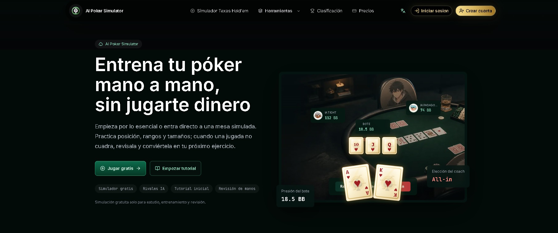 AI Poker Simulator - Plataforma para entrenar y mejorar tu estrategia de Texas Hold'em con IA, simulando partidas y analizando jugadas