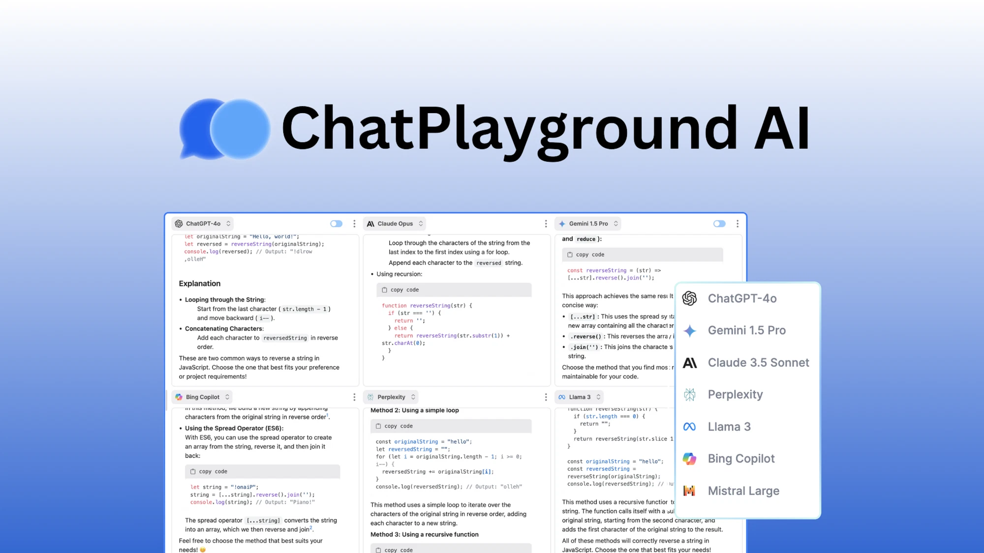 ChatPlayground AI - Plataforma para comparar respuestas de ChatGPT, Claude, Gemini, Grok y más modelos en un solo prompt