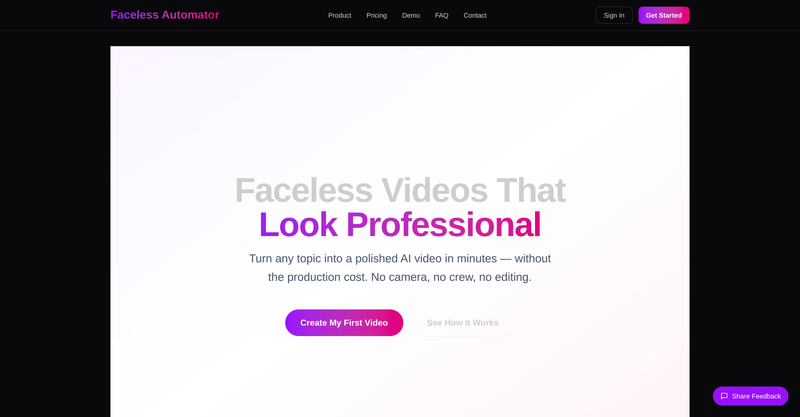 Faceless Automator - Plataforma para generar vídeos faceless verticales con guion de IA, voces ElevenLabs y montaje automático para TikTok, Reels y Shorts