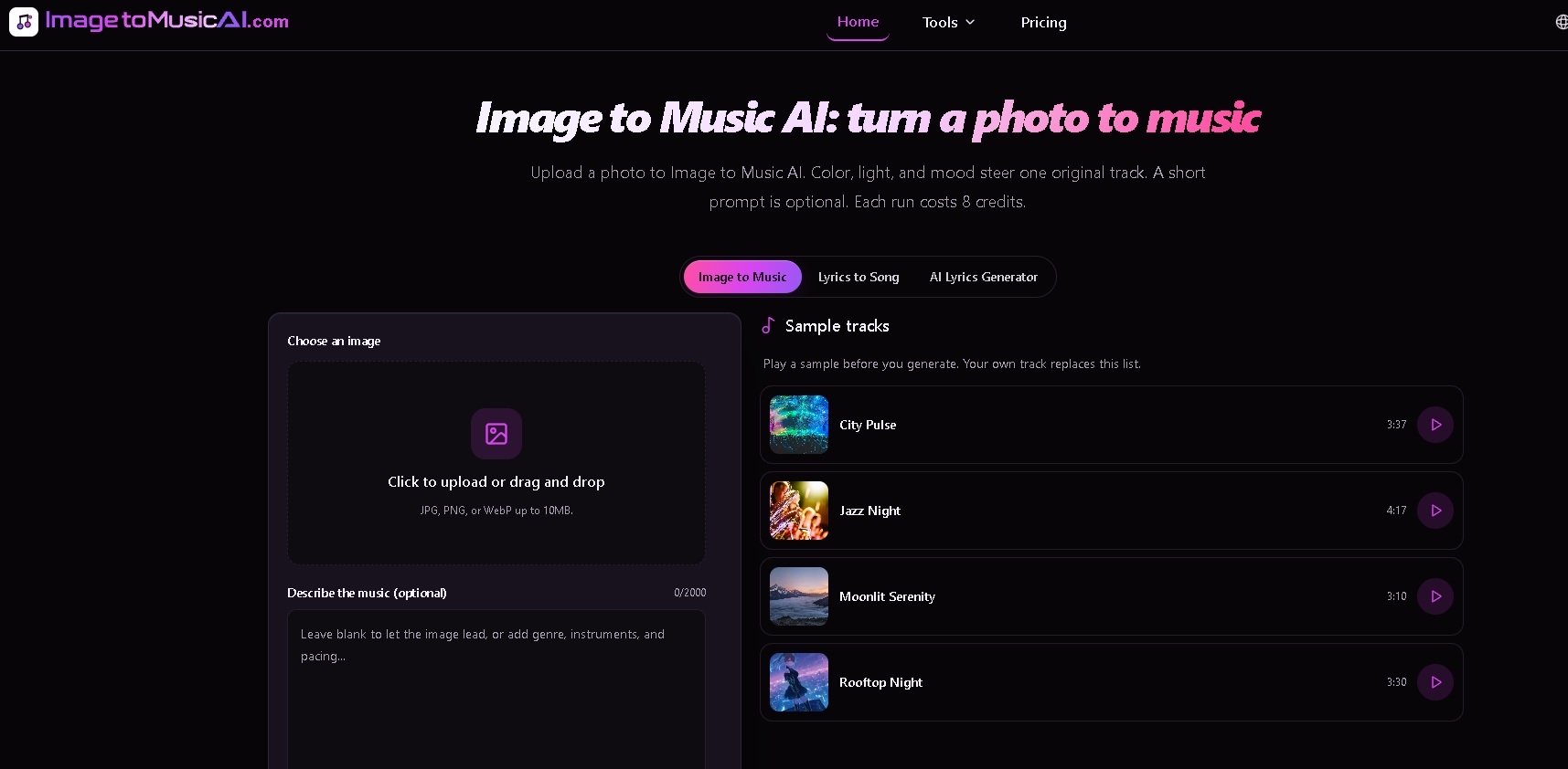 Image to Music AI - Herramienta que convierte una foto en una pista musical original usando color, luz y ambiente visual con Lyria 3 Pro