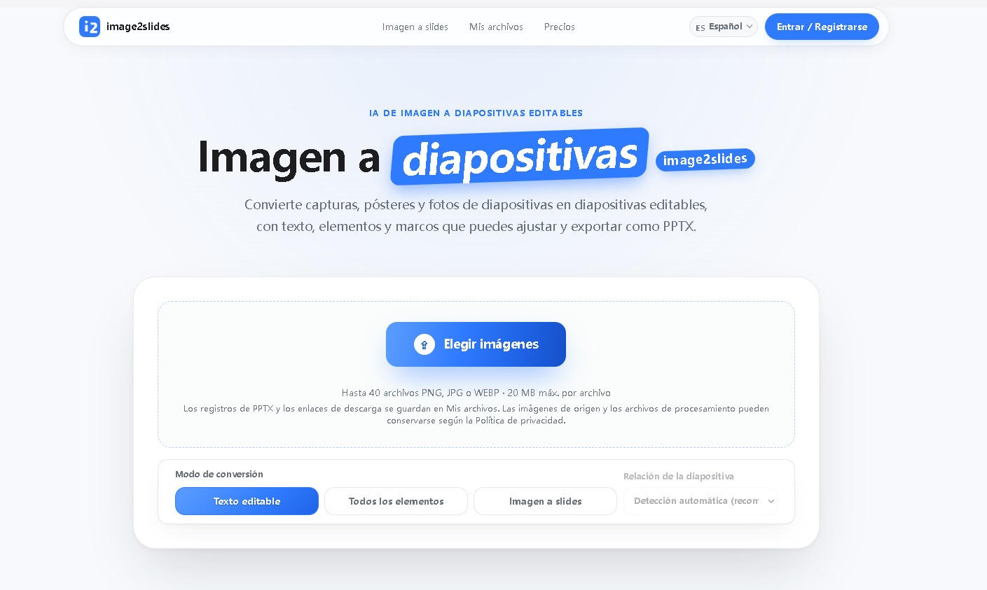 Image2Slides - Herramienta de IA que convierte capturas, pósteres y fotos de diapositivas en archivos PPTX con texto y elementos editables