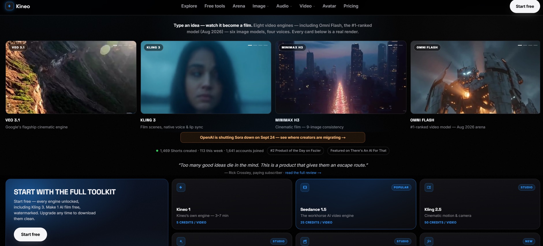 Kineo - Plataforma que genera Shorts de YouTube y TikTok desde una idea con 8 motores de vídeo IA, voiceover y subtítulos listos para publicar