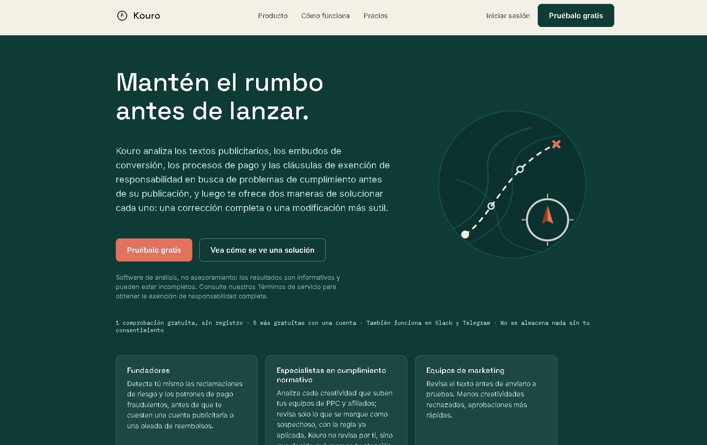 Kouro - Herramienta de screening de compliance para copy de anuncios, funnels, checkout y emails antes de lanzar campañas