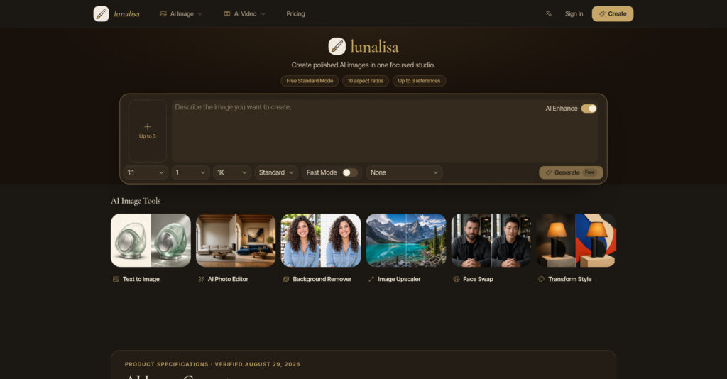 LunaLisa - Estudio de imágenes con IA para generar y editar fotos en 1K a 4K con texto, referencias y herramientas de fondo, estilo y face swap
