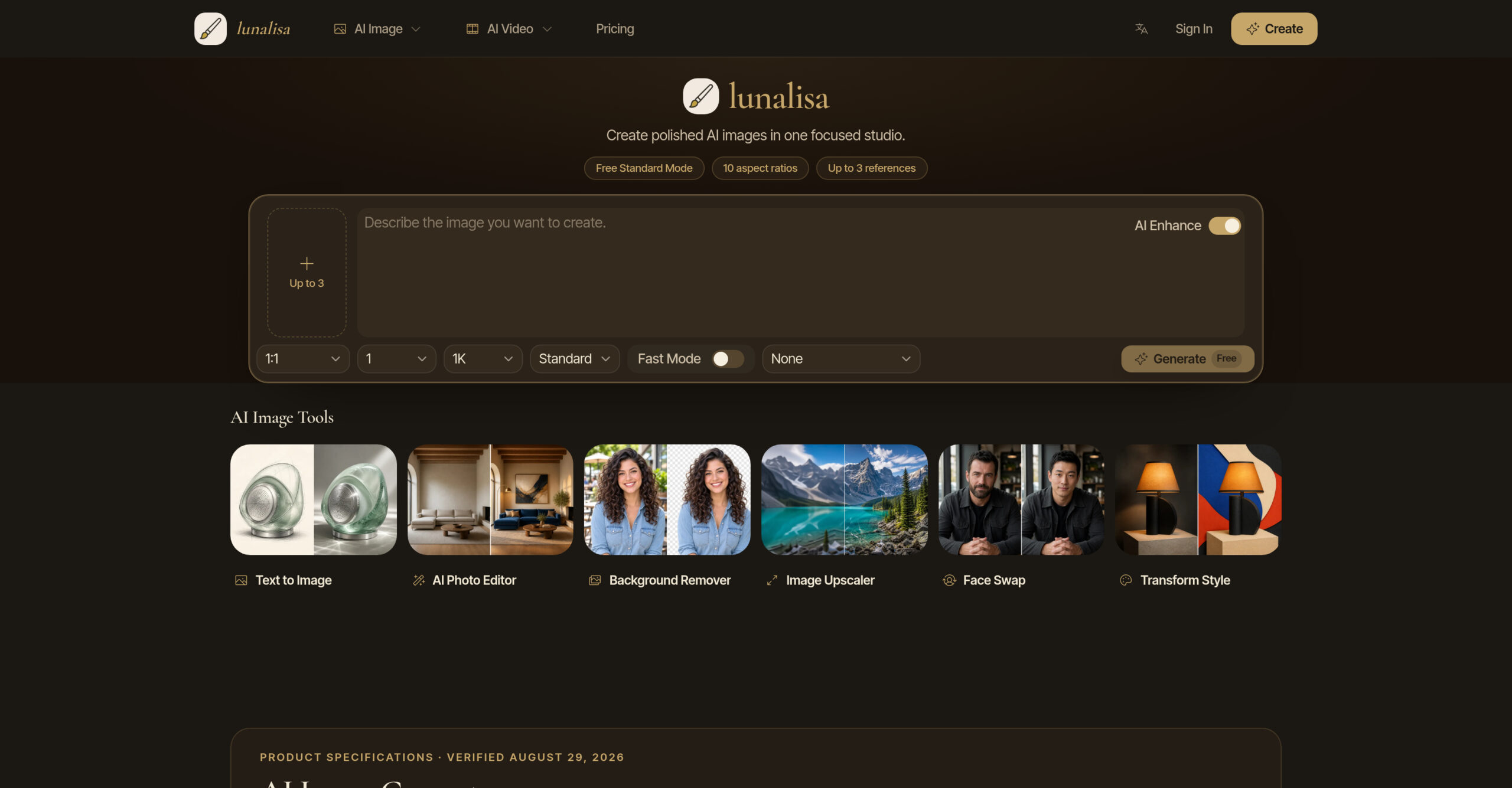 LunaLisa - Estudio de imágenes con IA para generar y editar fotos en 1K a 4K con texto, referencias y herramientas de fondo, estilo y face swap