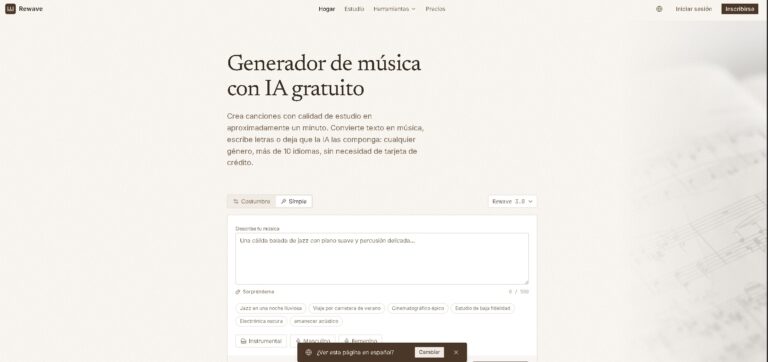 Rewave - Generador de música con IA que crea canciones completas con voz e instrumentación a partir de texto o letras en más de 10 idiomas.