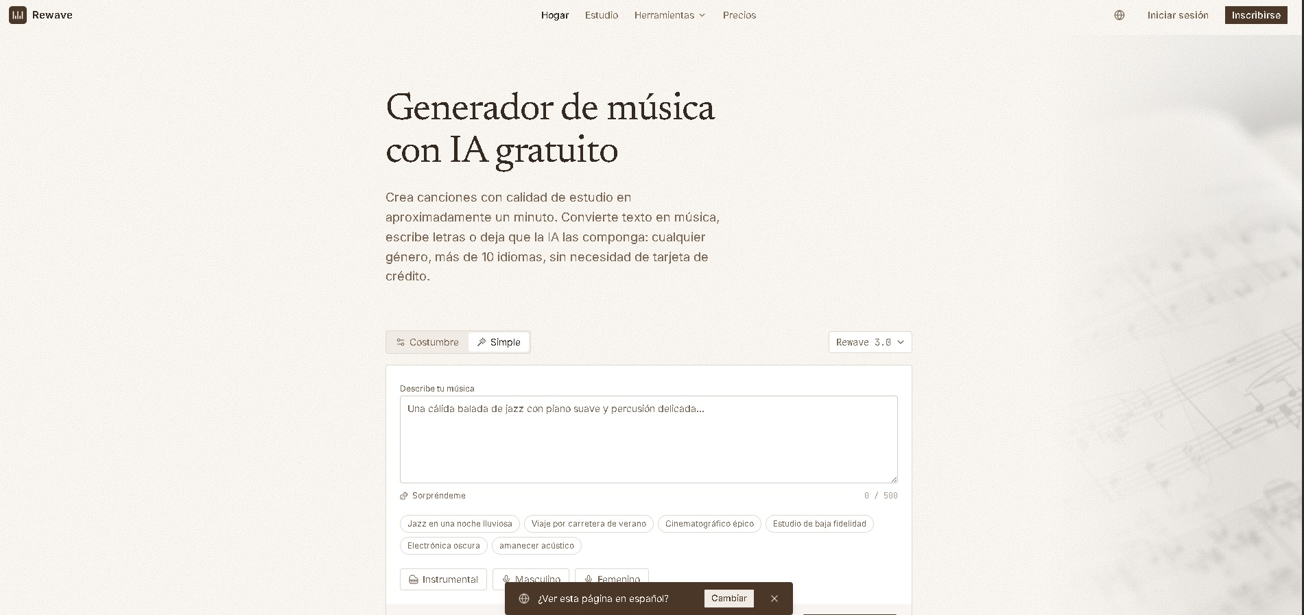 Rewave - Generador de música con IA que crea canciones completas con voz e instrumentación a partir de texto o letras en más de 10 idiomas.