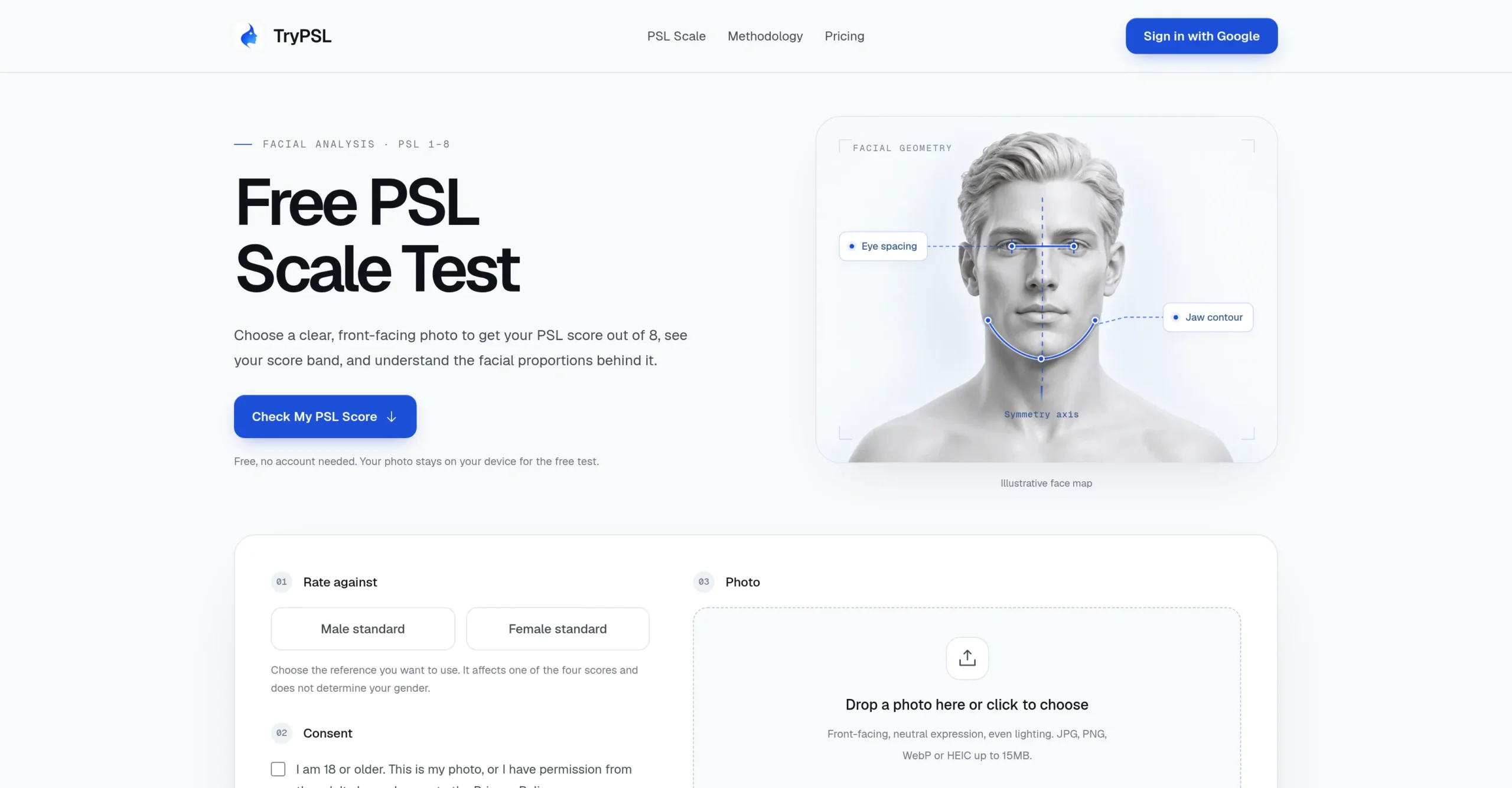 TryPSL - Calculadora de escala PSL 1 a 8 con análisis de proporciones faciales en el navegador, score gratuito y fórmula publicada para uso de entretenimiento