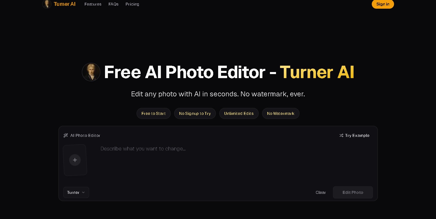 Turner AI - Editor de fotos online con IA para cambios localizados (fondo, objetos, color y luz) sin marca de agua y sin registro obligatorio para empezar