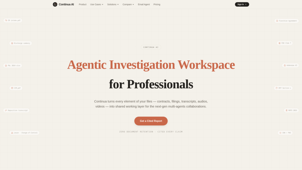 Continua AI - Workspace de investigación agéntico para profesionales con informes citados, multi-agente y cero retención de documentos