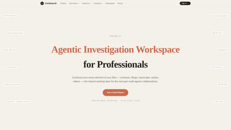 Continua AI - Workspace de investigación agéntico para profesionales con informes citados, multi-agente y cero retención de documentos