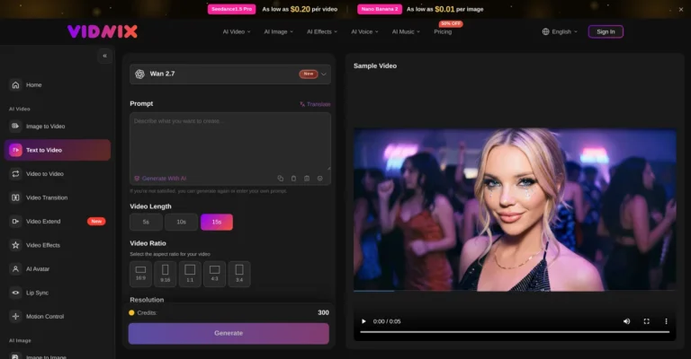 Vidnix AI - Generador de imagen a vídeo con primer y último fotograma, prompts de movimiento, audio y múltiples modelos de IA hasta 1080p