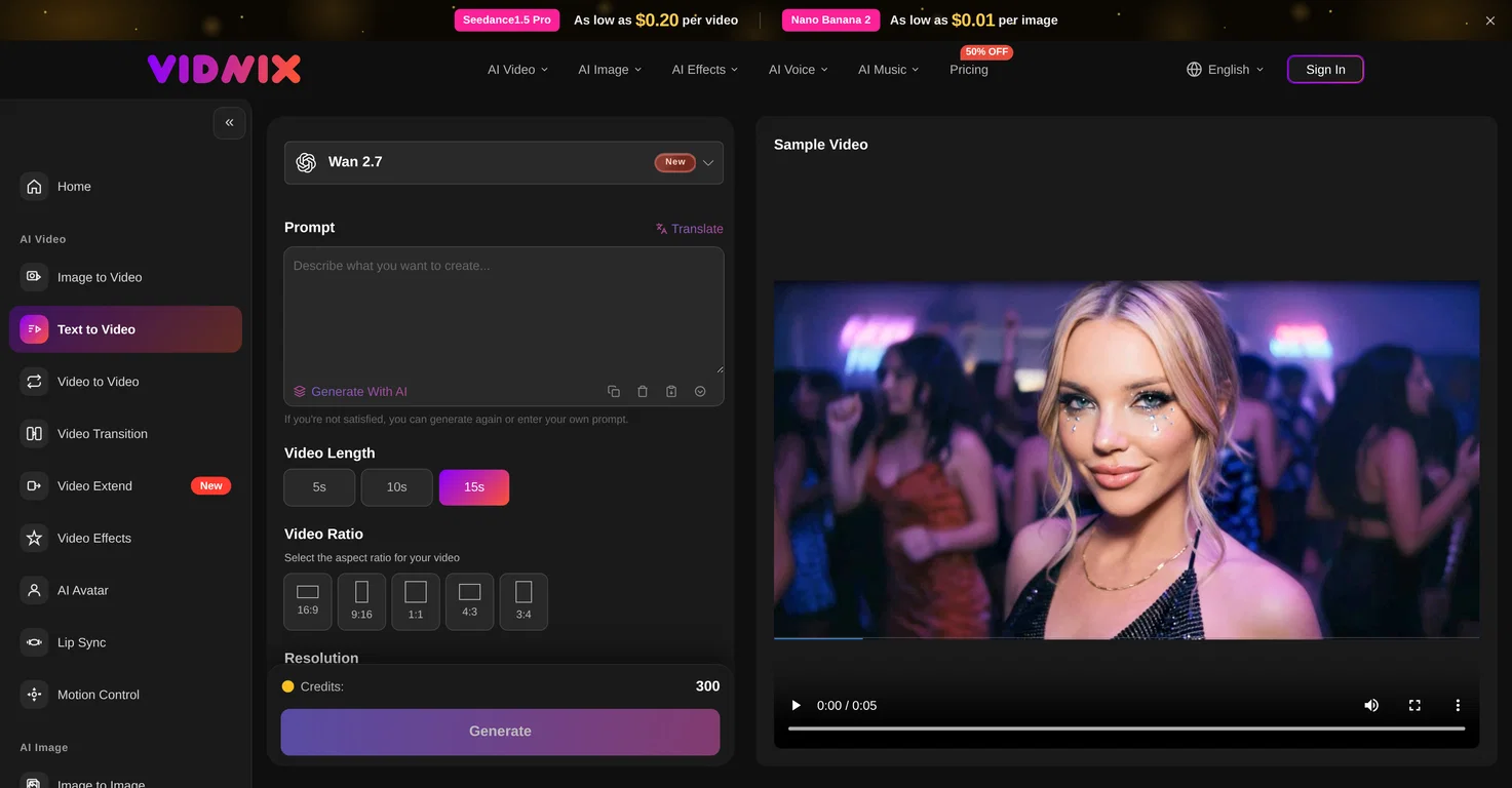 Vidnix AI - Generador de imagen a vídeo con primer y último fotograma, prompts de movimiento, audio y múltiples modelos de IA hasta 1080p