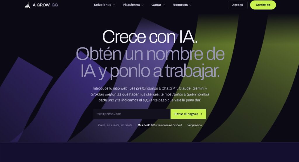 AiGrow - Plataforma para comprobar y mejorar si ChatGPT, Claude, Gemini y Grok recomiendan tu negocio, con planes de monitoring y automatización