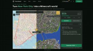 CartoVoxel: comparación de mapa real de una ciudad y el mismo área generada como mundo de Minecraft