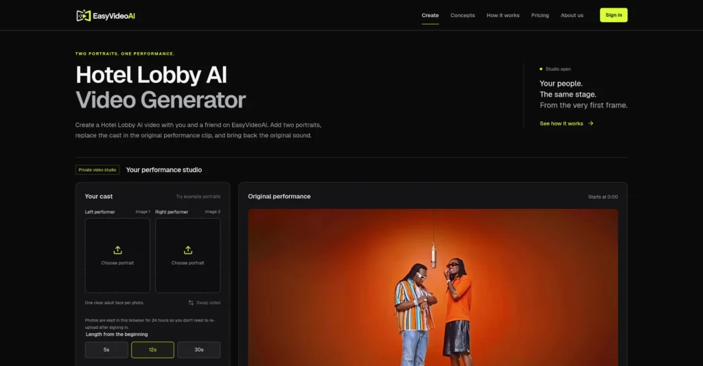 EasyVideoAI - Generador de vídeo Hotel Lobby AI con dos retratos de adultos y restauración del audio original del clip de rendimiento.