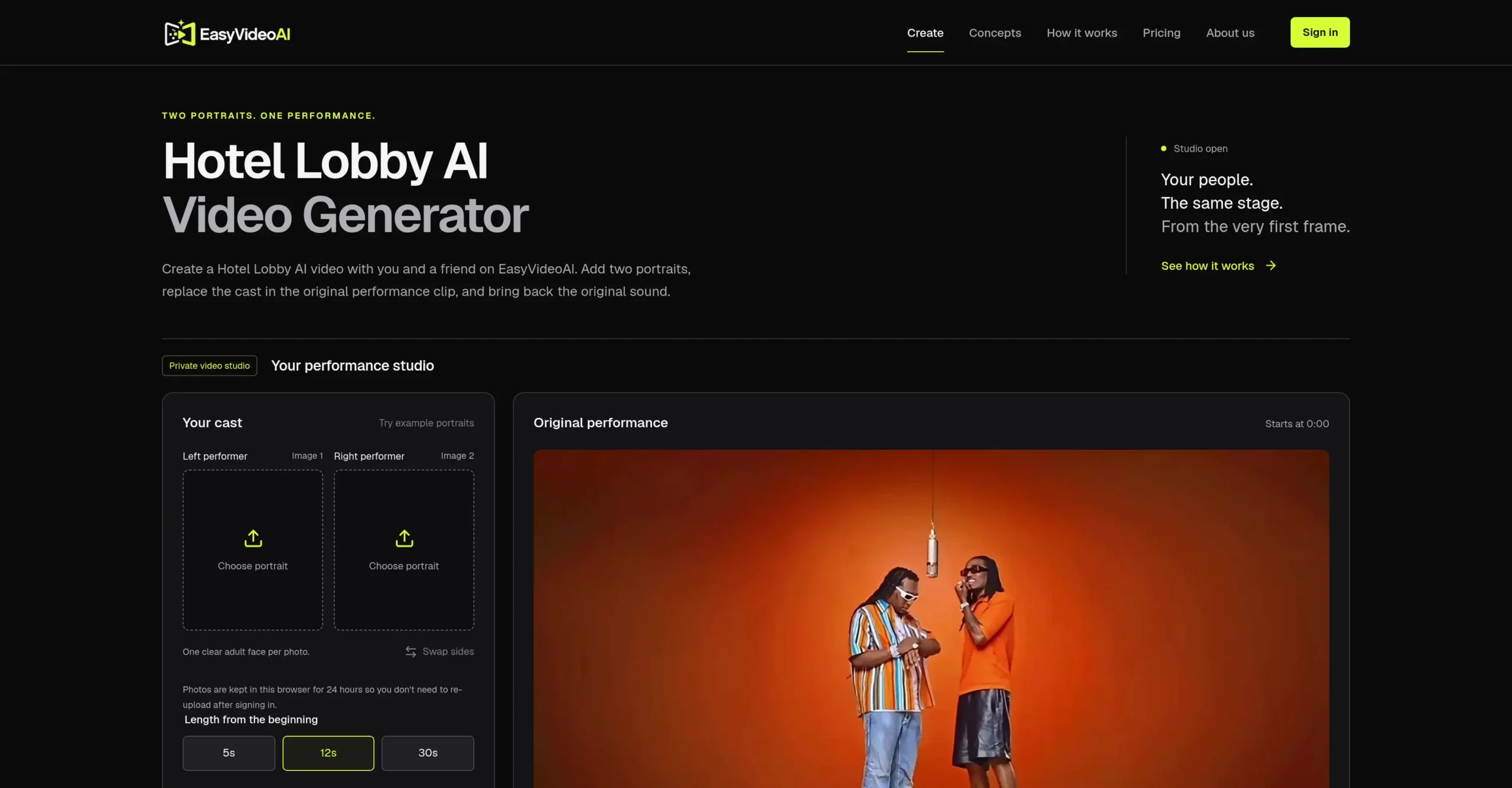 EasyVideoAI - Generador de vídeo Hotel Lobby AI con dos retratos de adultos y restauración del audio original del clip de rendimiento.