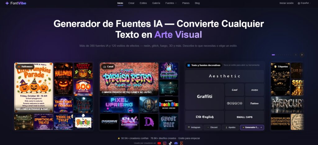 FontVibe generador de fuentes con IA: texto convertido en arte visual con efectos neón, 3D y más de 390 estilos
