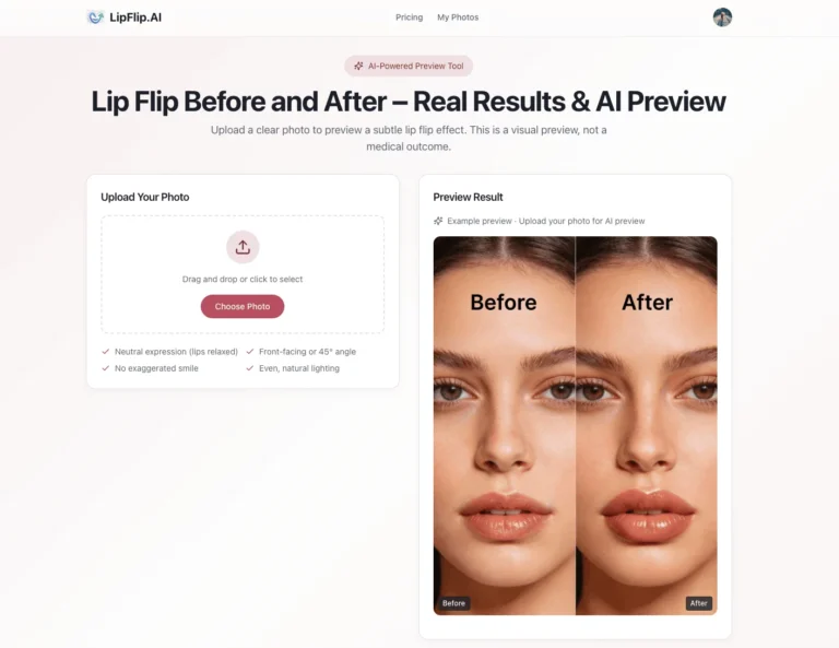 LipFlip.ai - Simulador de inteligencia artificial para previsualizar un lip flip sutil en foto, con comparación antes y después