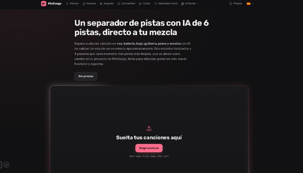 MixSongs: separador de pistas con IA que divide una canción en voz, batería, bajo, guitarra, piano y música y las abre como carriles en el mezclador del navegador