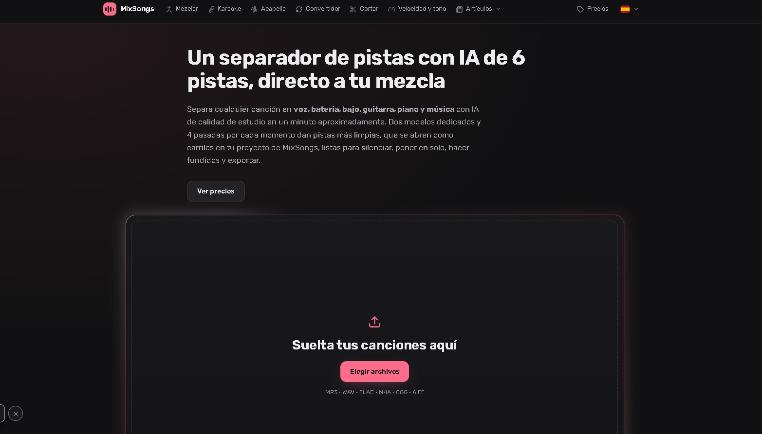 MixSongs: separador de pistas con IA que divide una canción en voz, batería, bajo, guitarra, piano y música y las abre como carriles en el mezclador del navegador