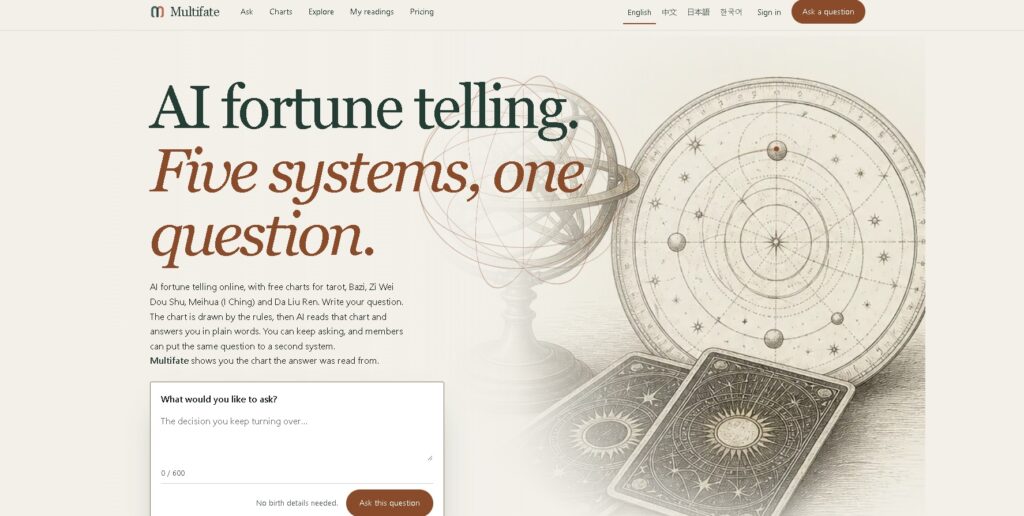 Multifate: plataforma de consultas con IA en tarot, Bazi, I Ching y sistemas chinos, mostrando la carta y la interpretación en texto claro.