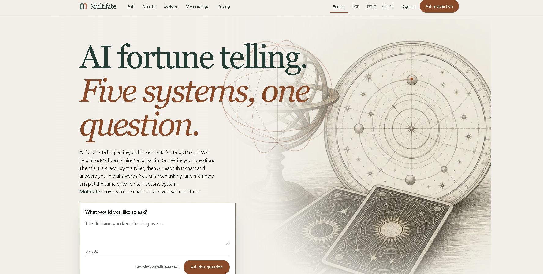 Multifate: plataforma de consultas con IA en tarot, Bazi, I Ching y sistemas chinos, mostrando la carta y la interpretación en texto claro.