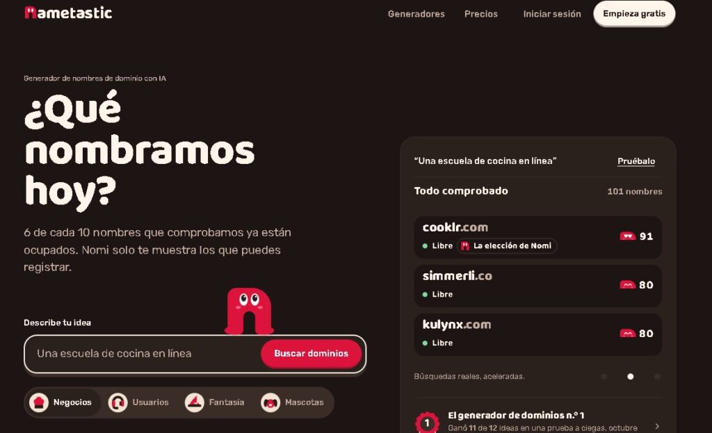 Nametastic: generador de nombres de dominio con IA que muestra solo dominios libres, con puntuación de Nomi y más de 171 generadores