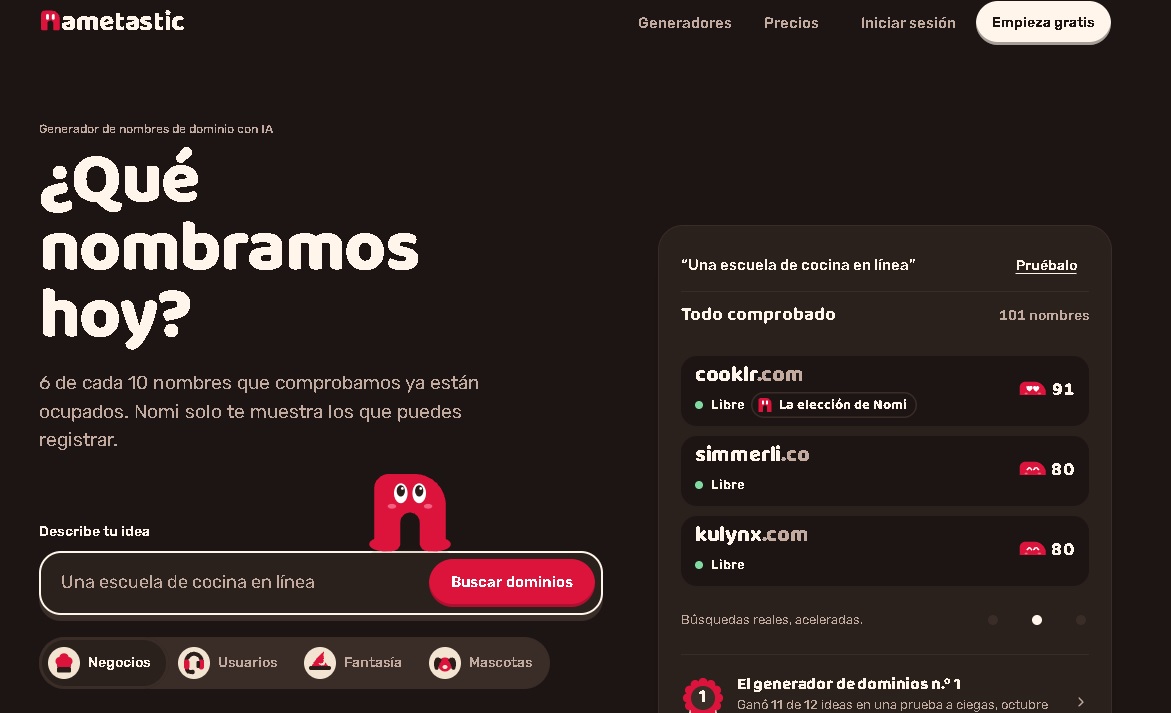Nametastic: generador de nombres de dominio con IA que muestra solo dominios libres, con puntuación de Nomi y más de 171 generadores