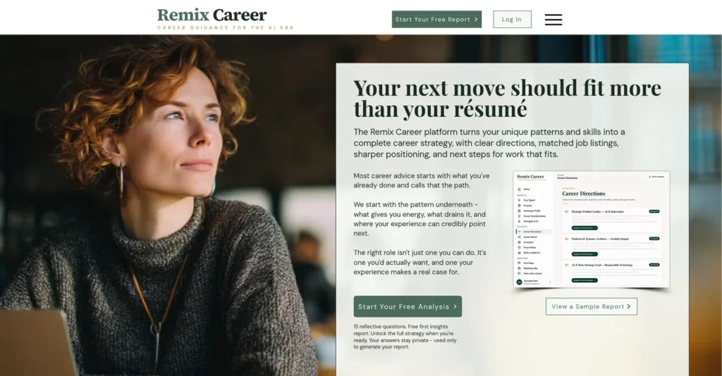 Remix Career: plataforma de estrategia de carrera con IA que convierte patrones y skills en direcciones, ofertas de empleo y primeros pasos concretos