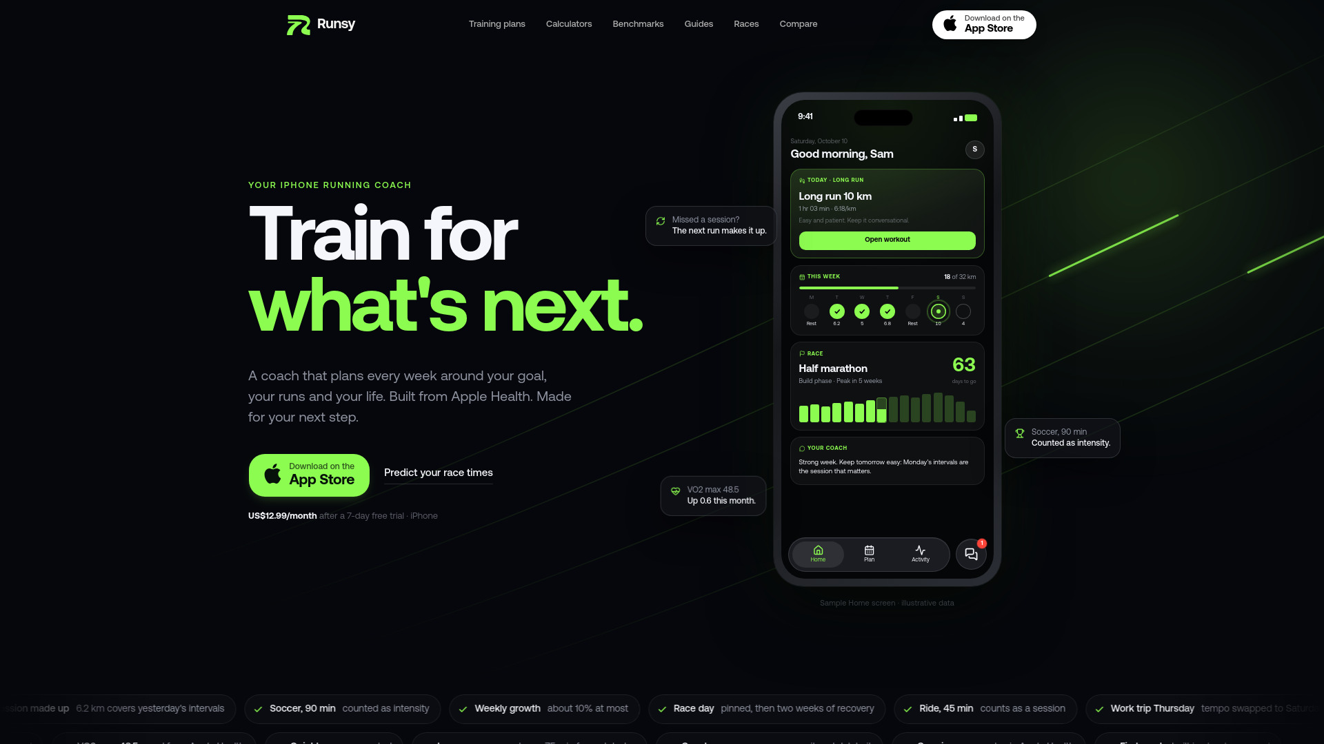 Runsy app entrenador de running con IA en iPhone: plan semanal, coach y datos de Apple Health