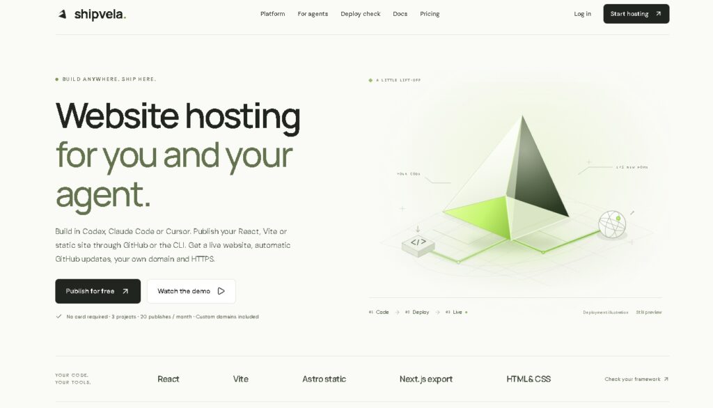 Shipvela - Hosting web para proyectos React Vite y estáticos construidos con agentes de código como Codex Claude Code y Cursor