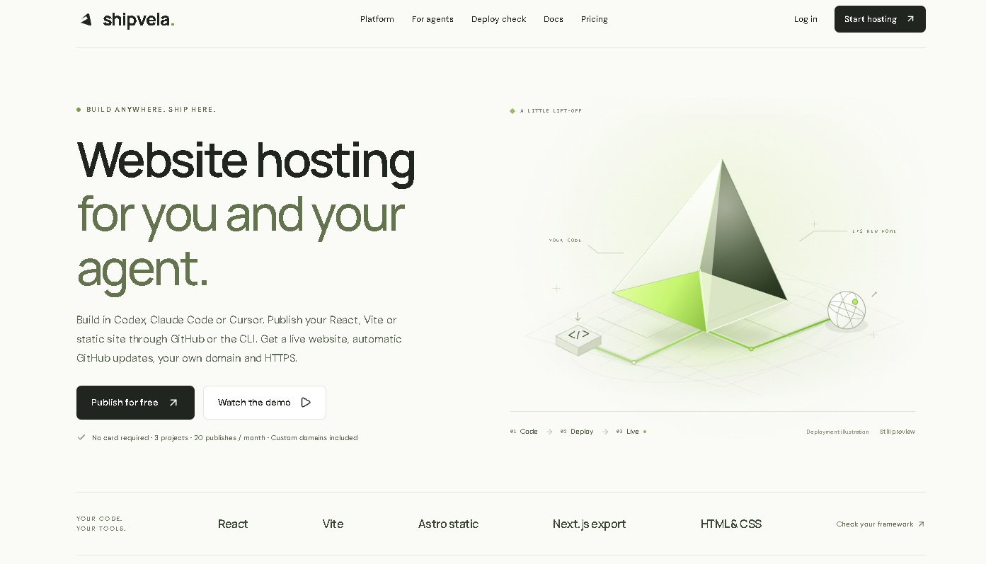 Shipvela - Hosting web para proyectos React Vite y estáticos construidos con agentes de código como Codex Claude Code y Cursor